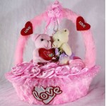 Beautiful Pink Basket of Satan Roses with Love Couple Teddy Bears